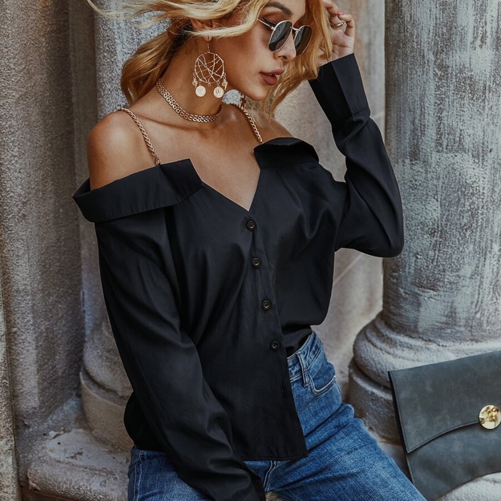 boho button down off shoulder black top - Picture 1 of 6